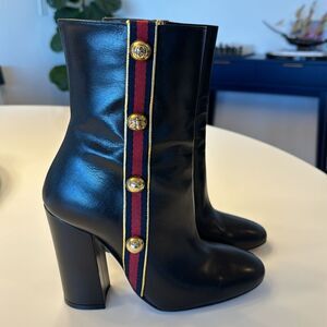 GUCCI Web Stripe Carly Globe Black Leather Studded Ankle Boots Block Heel US 6.5
